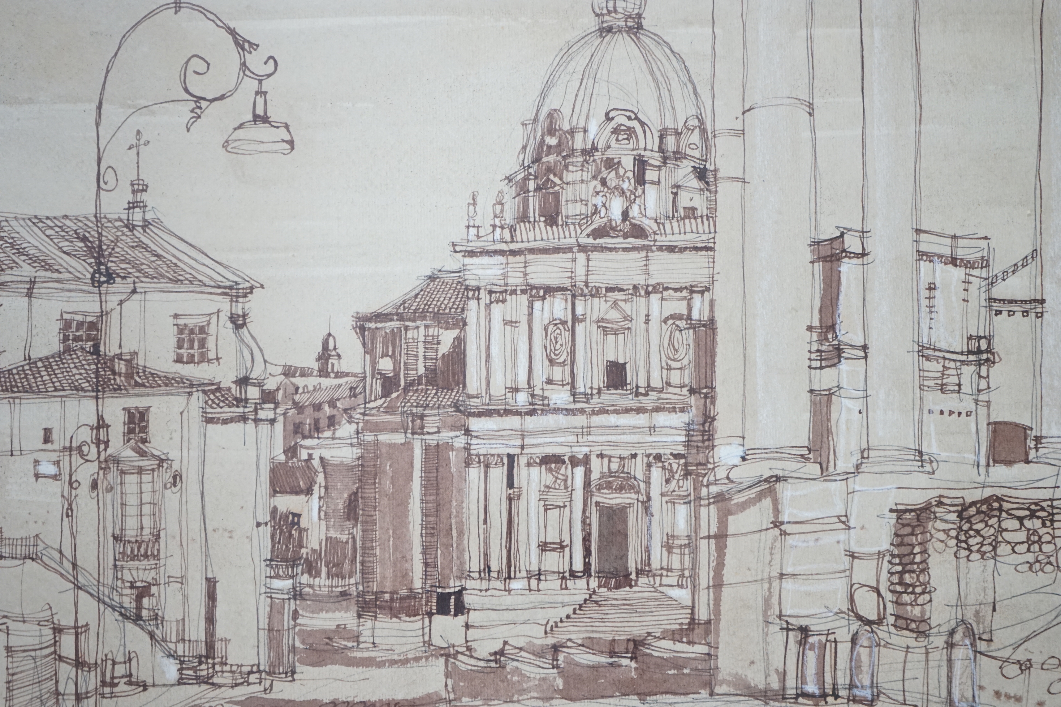 Pen and wash on paper, St Paul's Cathedral, London, indistinctly signed and dated '72, 36 x 49cm